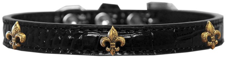 Bronze Fleur De Lis Widget Croc Dog Collar Black Size 16